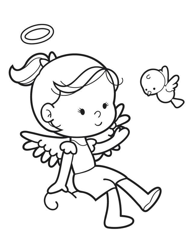 kostenlose malvorlage engel engelmädchen und vogel zum