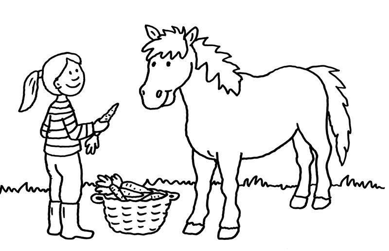 kostenlose malvorlage pferde mädchen füttert pferd mit