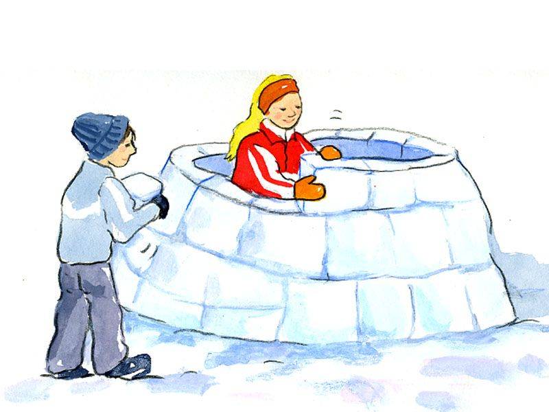 Nach einigen Reihen schneiden Sie die Schneebl&ouml;cke schr&auml;g an. Auf diese Weise entsteht eine Spirale. Dadurch schlie&szlig;t sich langsam das Dach des Iglus.