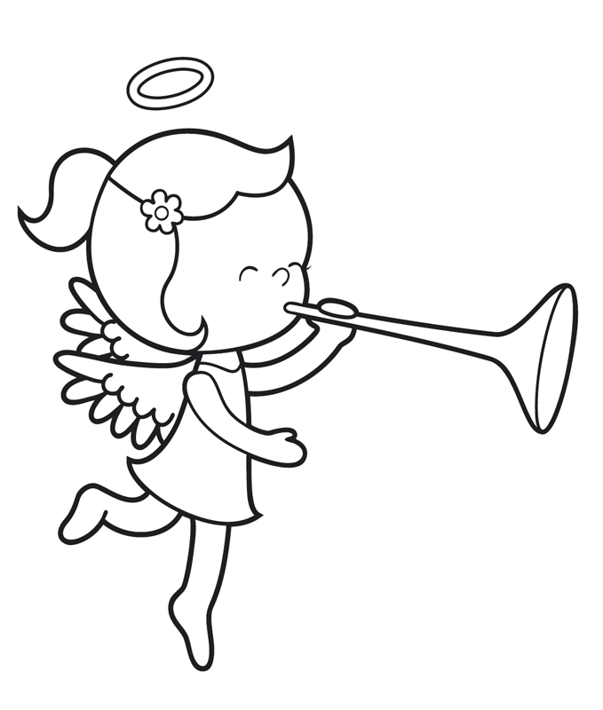 kostenlose malvorlage engel: engel mit trompete zum ausmalen
