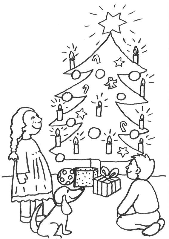 ausmalbild weihnachten kinder unterm christbaum kostenlos